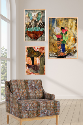 Decorative armchair in a room with abstract art on the wall