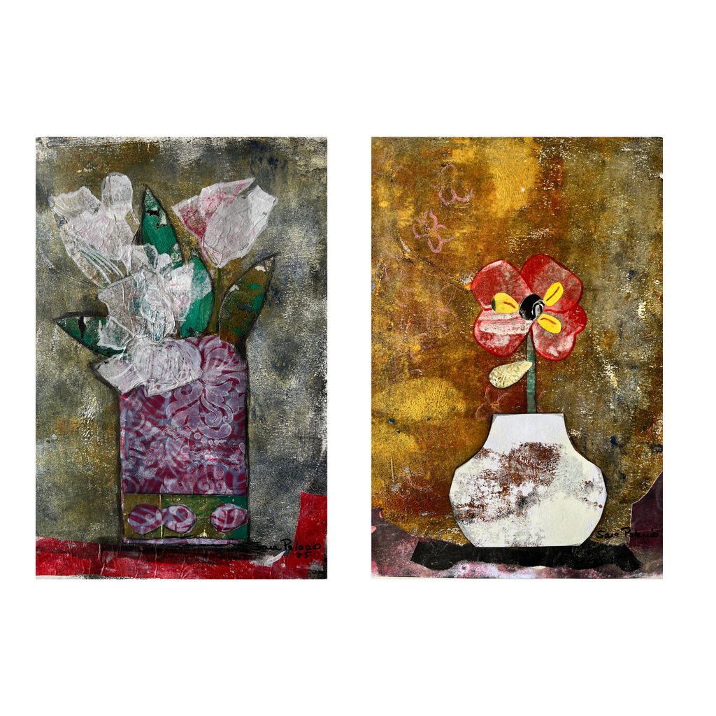 Two abstract art pieces with floral elements on a textured background.