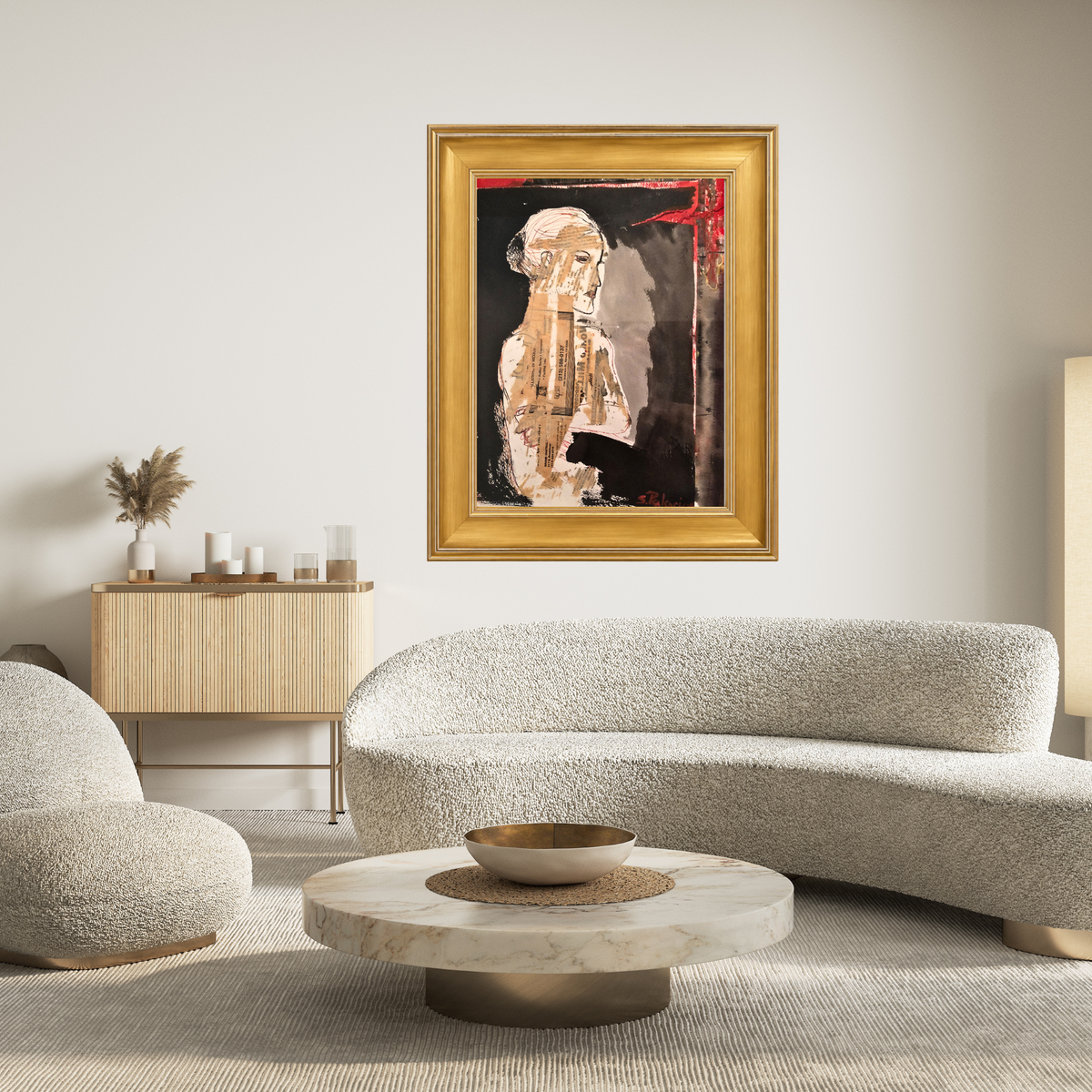 She in red fine art print by contemporary artist Sara Palacios, featuring a fierce and commanding mixed-media portrait of a Latina woman in vibrant crimson tones with a rich, textured gallery-quality background