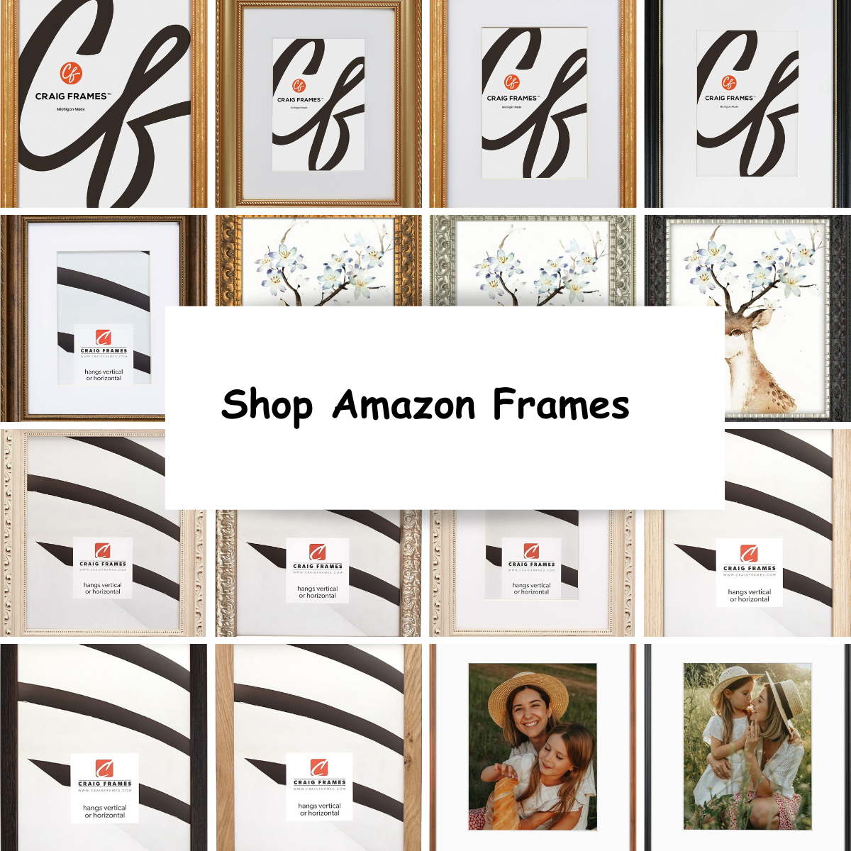 Collage of Craig Frames picture frames with various designs and a callout to shop Amazon Frames.