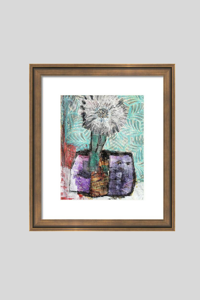 Framed abstract artwork with a dandelion on a light gray background