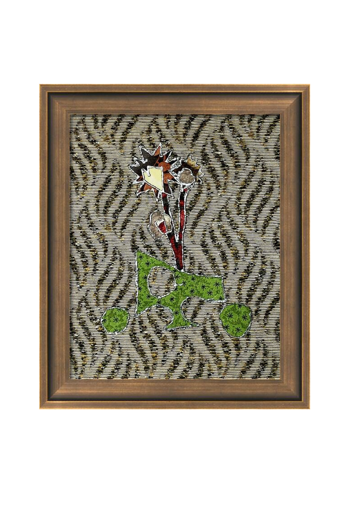 Framed artwork with zebra pattern and decorative elements on a white background