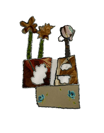 Abstract art piece with flowers and a vase on a white background