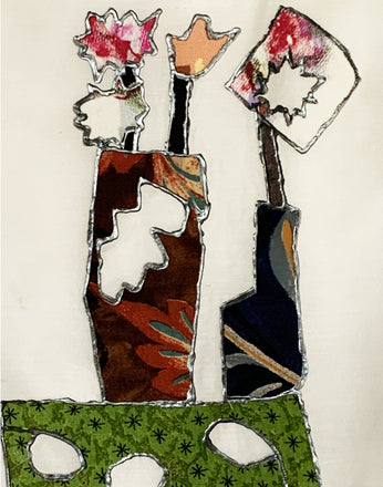 Abstract art piece with geometric shapes and patterns on a white background