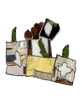 Artistic depiction of a garden with various plants and a sunflower on a white background