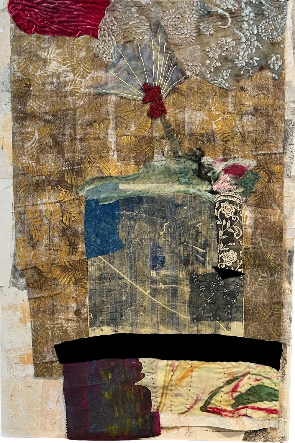 Original textile collage featuring a stitched Damask rose bloom above layered vintage fabrics, gold textures, lace, and hand-embroidered details.
