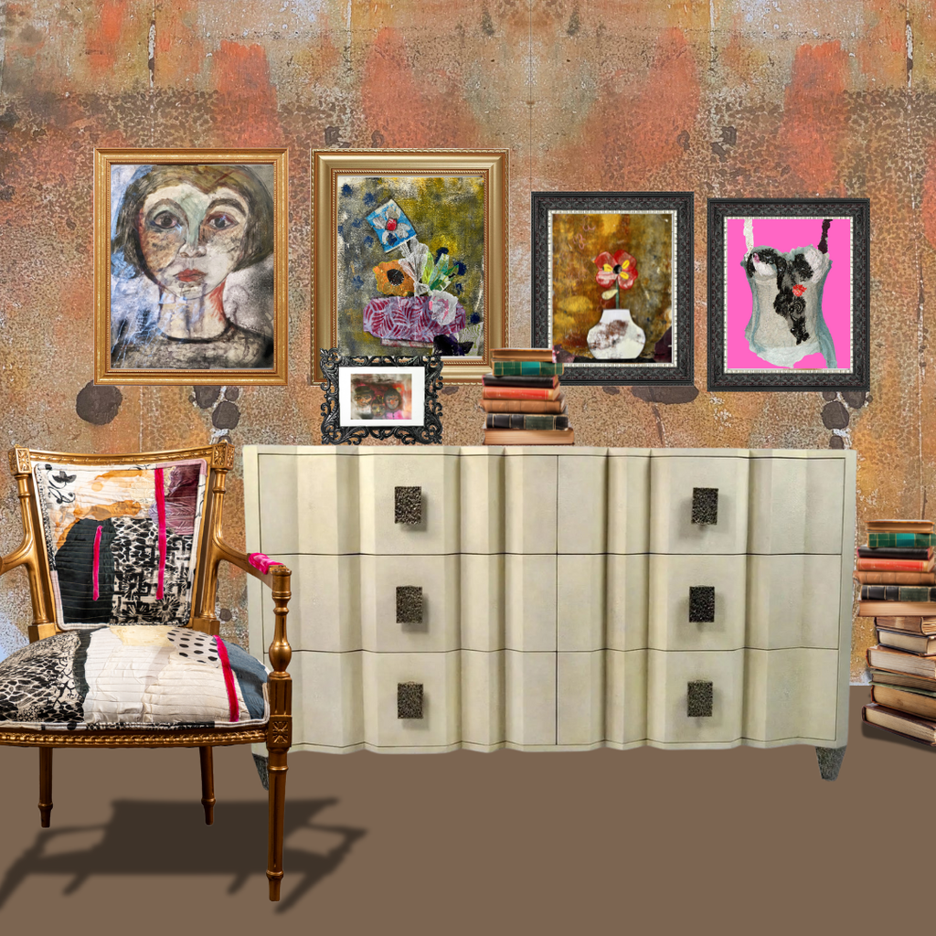 Furniture piece with a chair, cabinet, and framed artworks on a textured wall.
