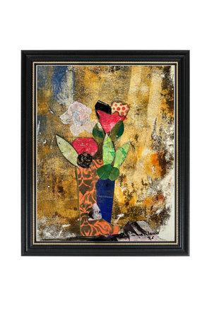 Abstract artwork with colorful flowers in a vase on a textured gold background, framed in black.