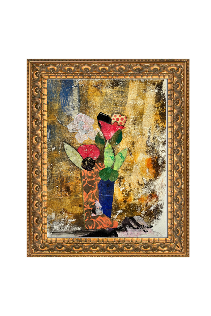 Abstract painting with flowers in a vase within an ornate gold frame.