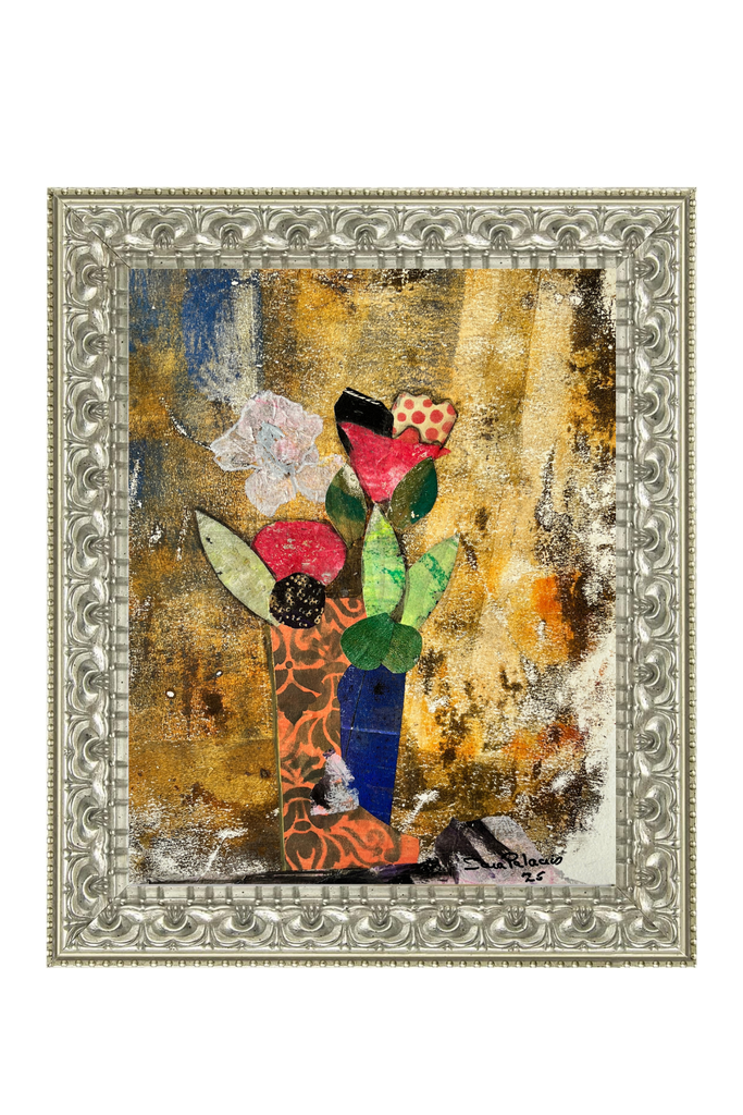 Abstract artwork with flowers in a decorative frame on a white background