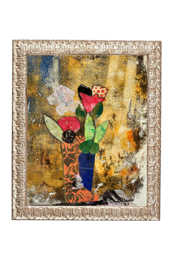 Abstract artwork with colorful flowers in a decorative frame