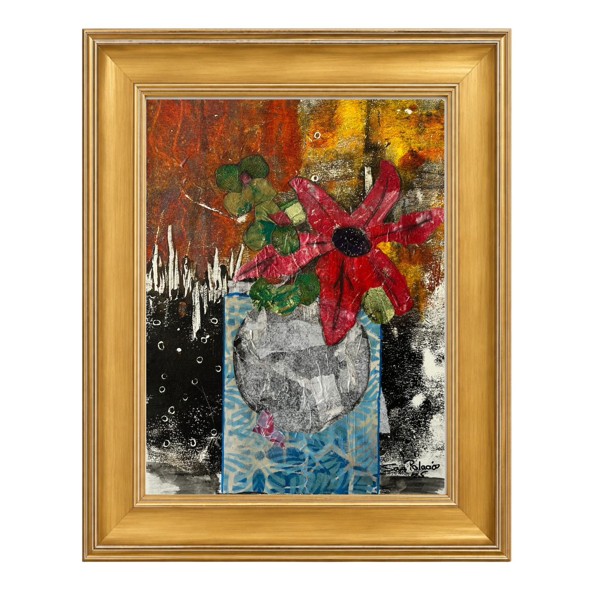 Framed mixed-media floral painting featuring a large red flower with green leaves in a gray stone vase, set against an abstract background of orange, yellow, black, and blue textures, housed in a gold frame.