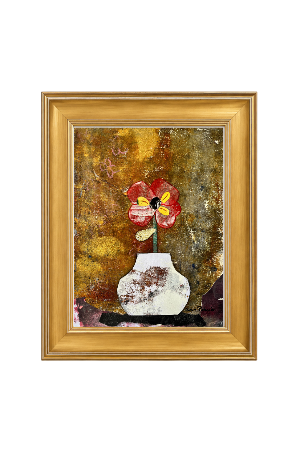 Framed still life artwork featuring a red and yellow flower in a white vase against a textured gold and brown background, set in a gold frame.