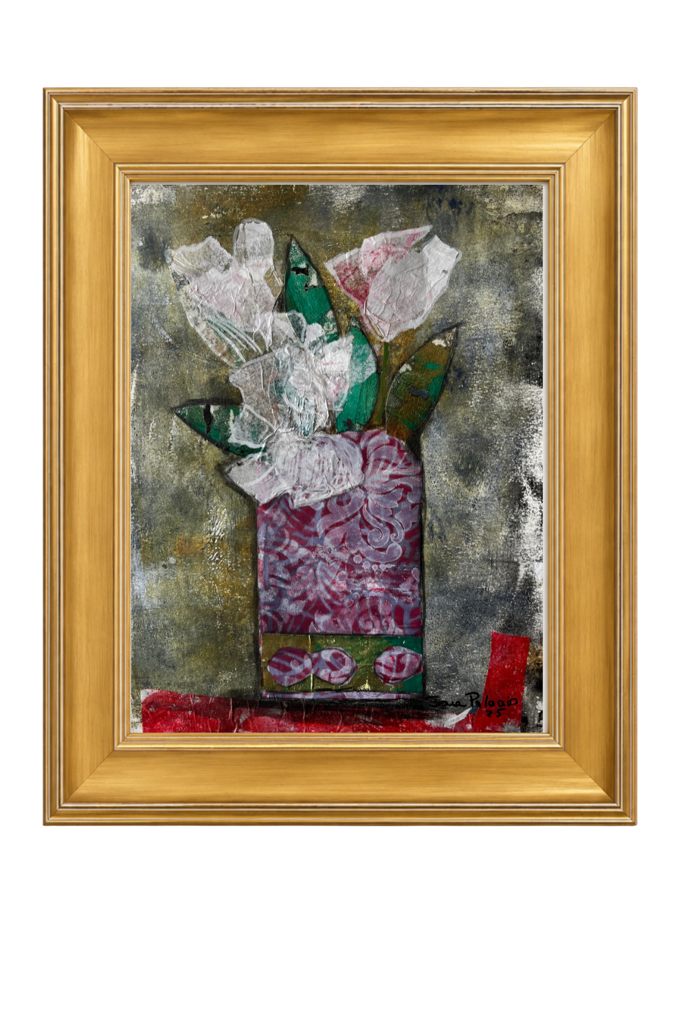 A framed still-life collage of white tulips in a purple vase, set in a gold frame.