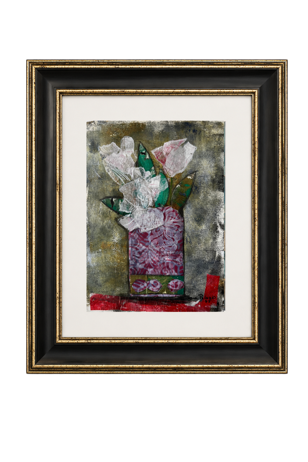 A framed still-life collage of white tulips in a purple vase, set in a matted black and gold frame.