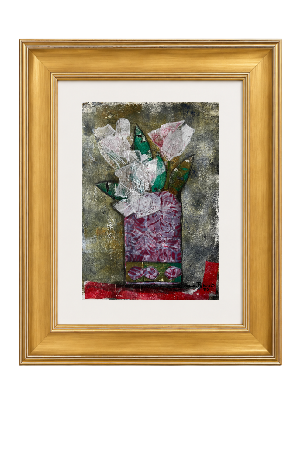 A framed still-life collage of white tulips in a purple vase, set in a matted gold frame.
