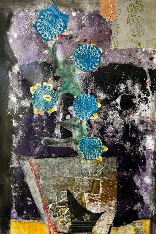 Abstract artwork with blue flowers and a vase on a textured background