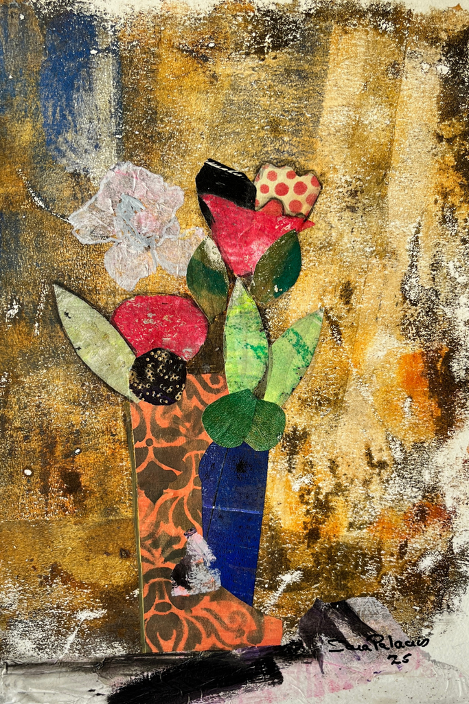 Abstract artwork with flowers and a vase on a textured background