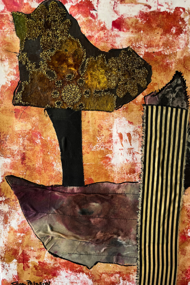 Abstract art piece with textured shapes and patterns on a multicolored background