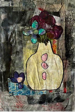 Abstract artwork with a vase and flowers on a textured background