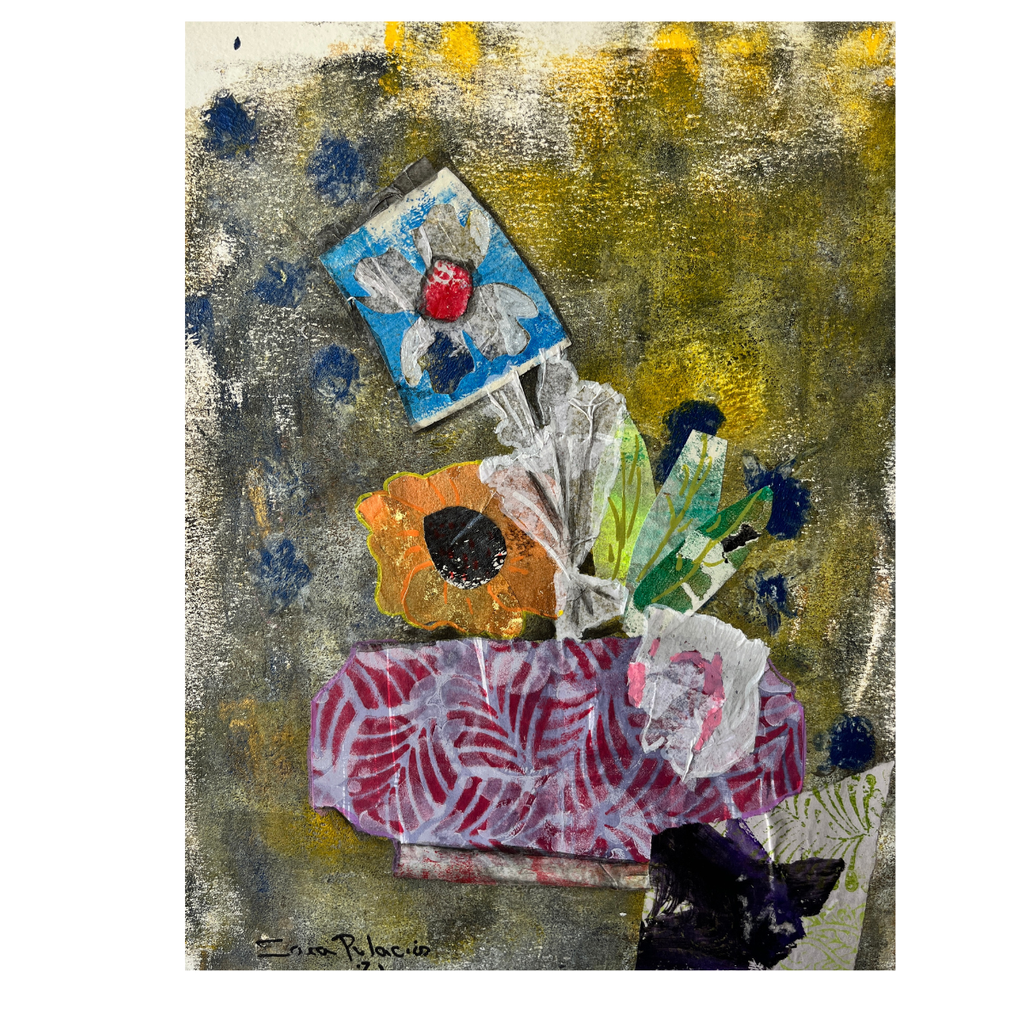 Abstract art piece with flowers and a small painting on a textured background
