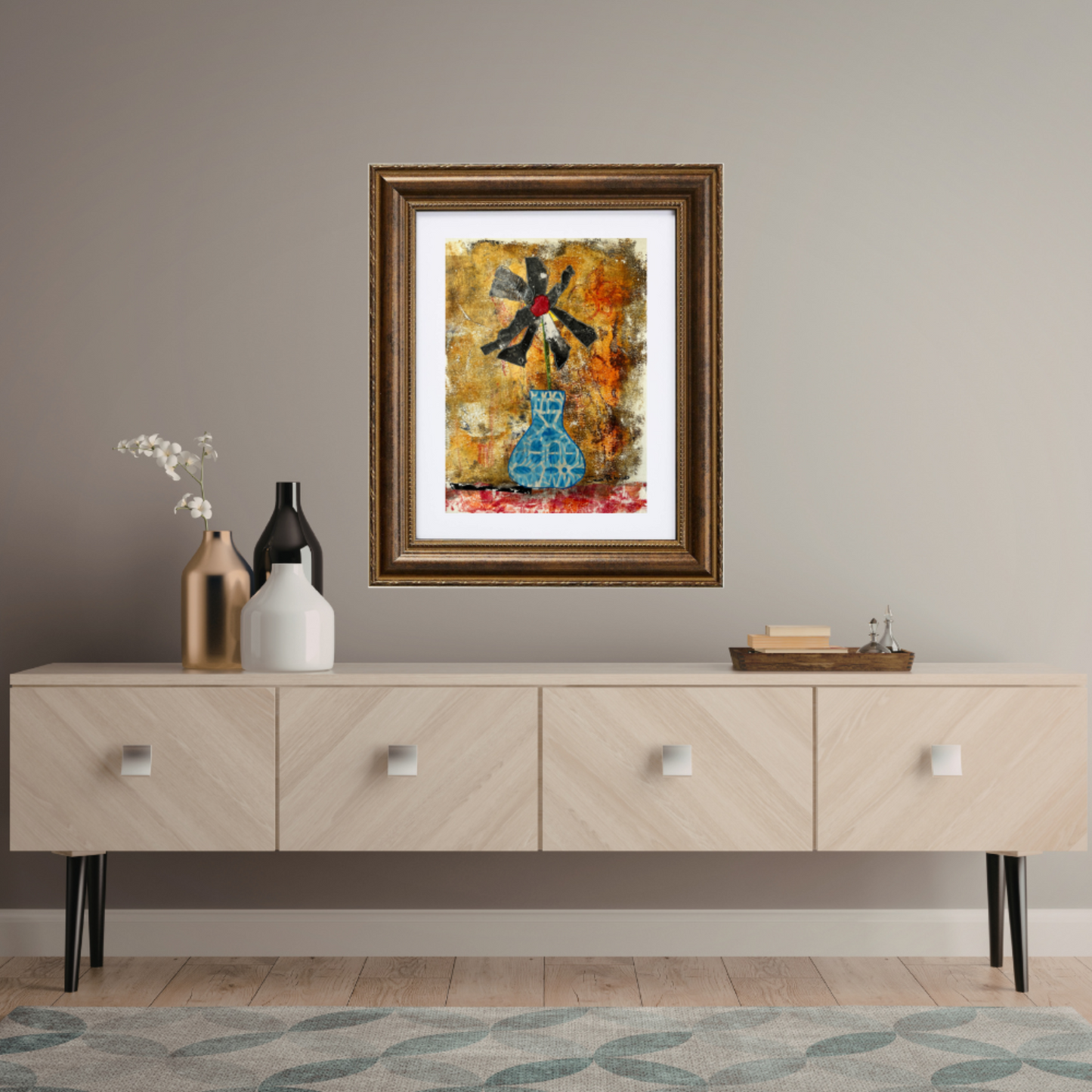 Floral Wall Fine Art Print. Framed abstract painting on a wall above a wooden console table with decorative items.