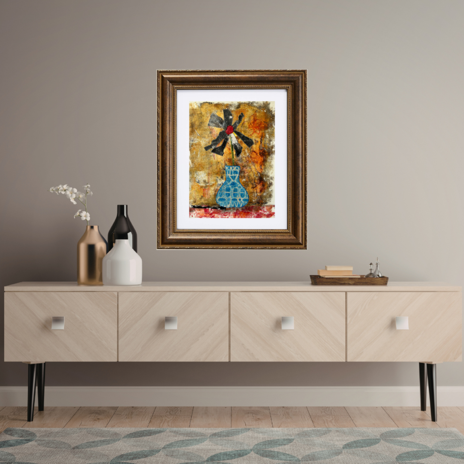 Floral Wall Fine Art Print. Framed abstract painting on a wall above a wooden console table with decorative items.