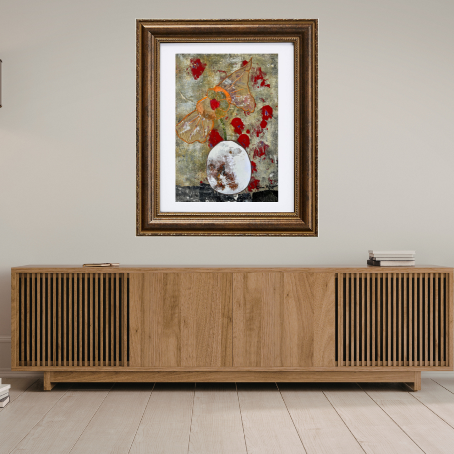  Floral Wall Fine Art Print. Wooden sideboard with abstract painting above it on a light gray wall.