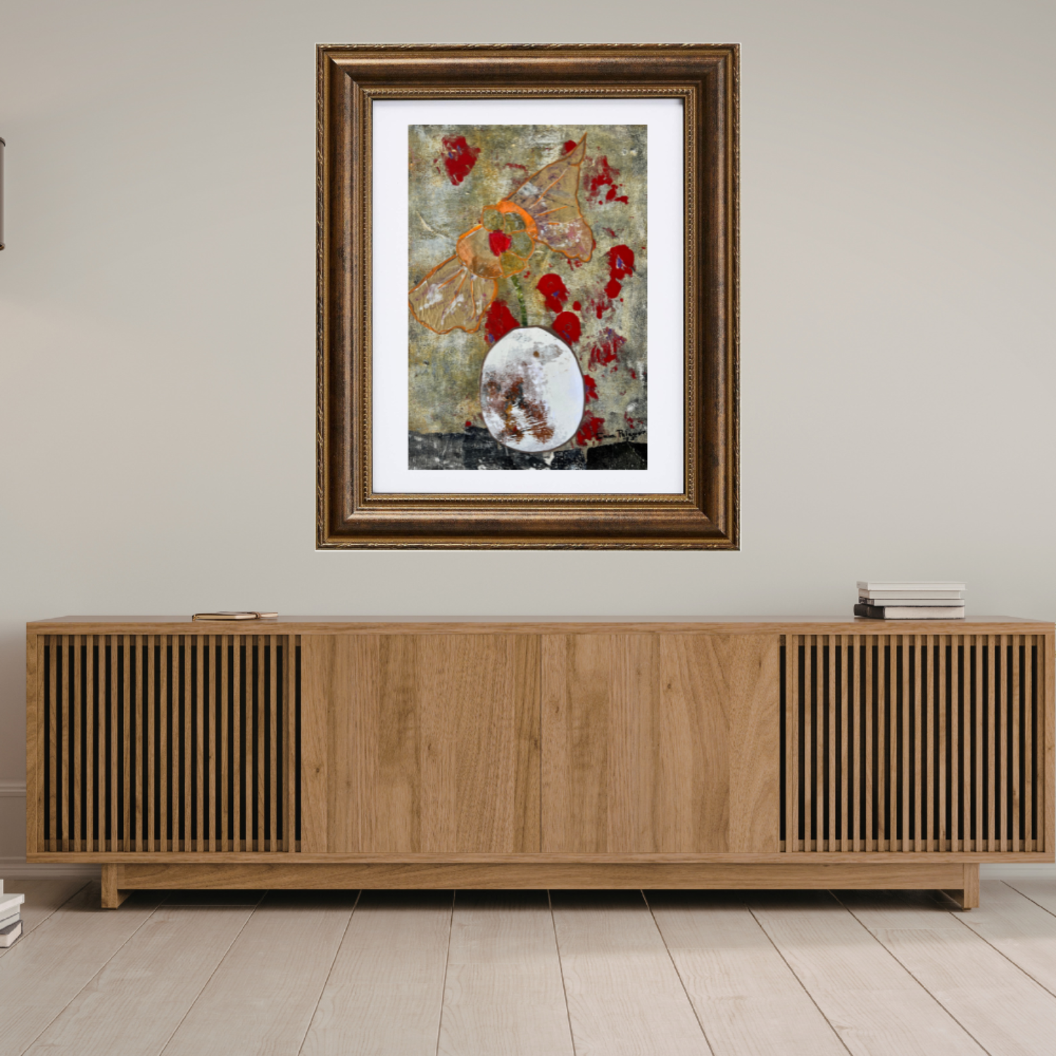  Floral Wall Fine Art Print. Wooden sideboard with abstract painting above it on a light gray wall.