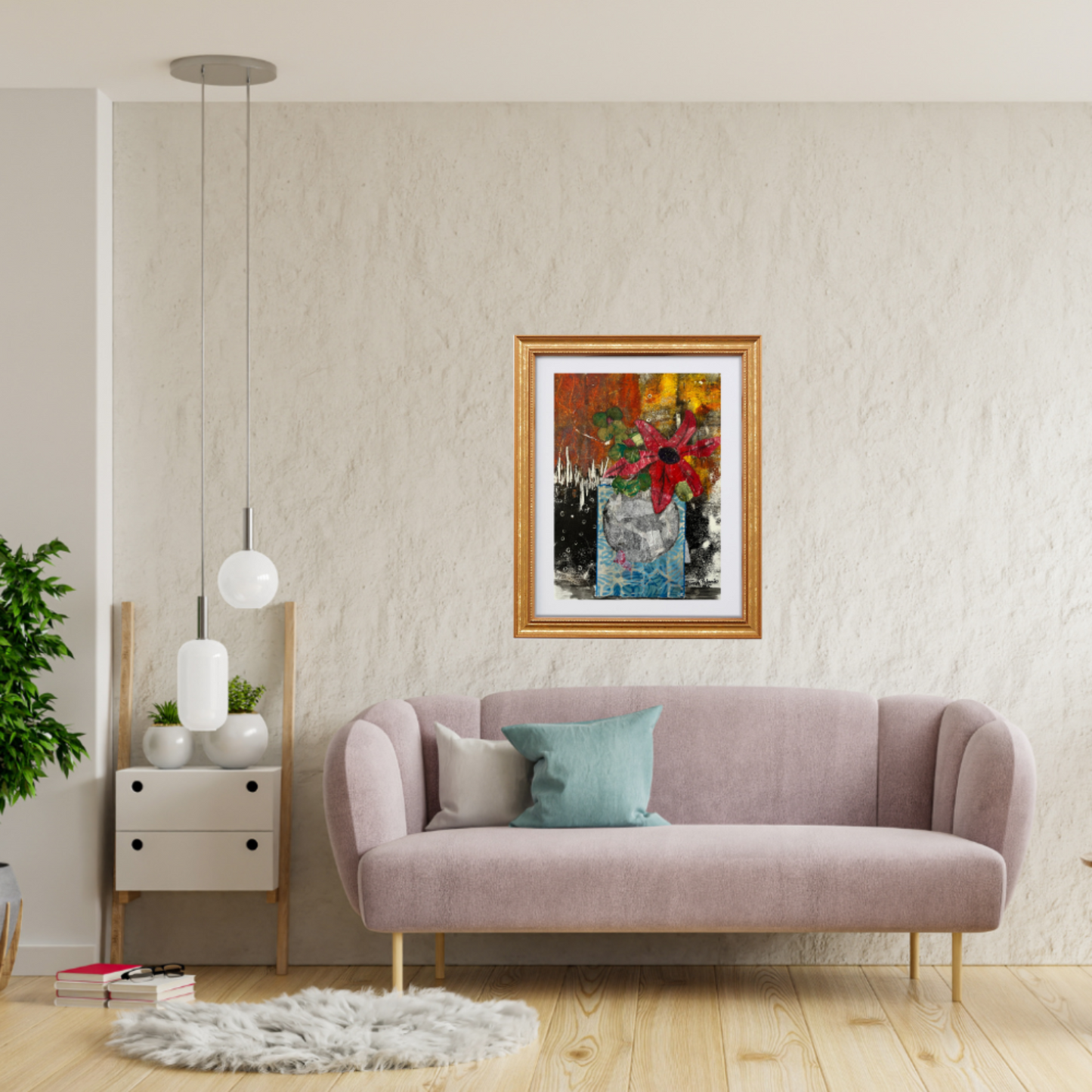 Floral Wall Fine Art Print. Living room with a pink sofa, decorative pillows, and a colorful painting on the wall.
