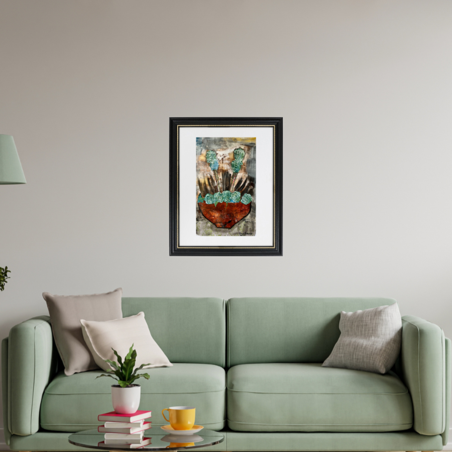 Floral Wall Fine Art Print. Framed artwork above a green sofa in a living room setting