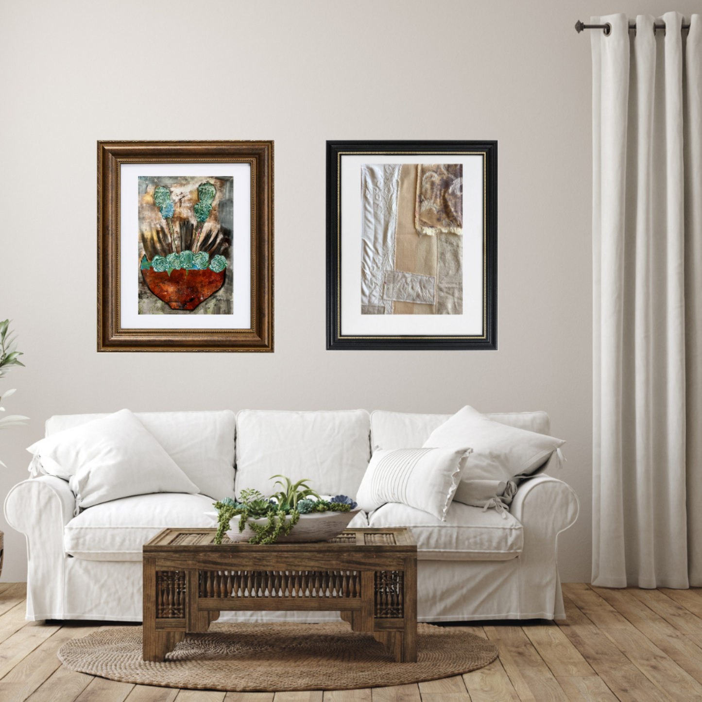 Floral Wall Fine Art Print. Living room with a white sofa, a wooden coffee table, and framed artwork on the wall.