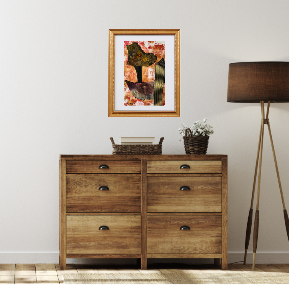 Floral Wall Fine Art Print. Wooden dresser with decorative items in a room setting