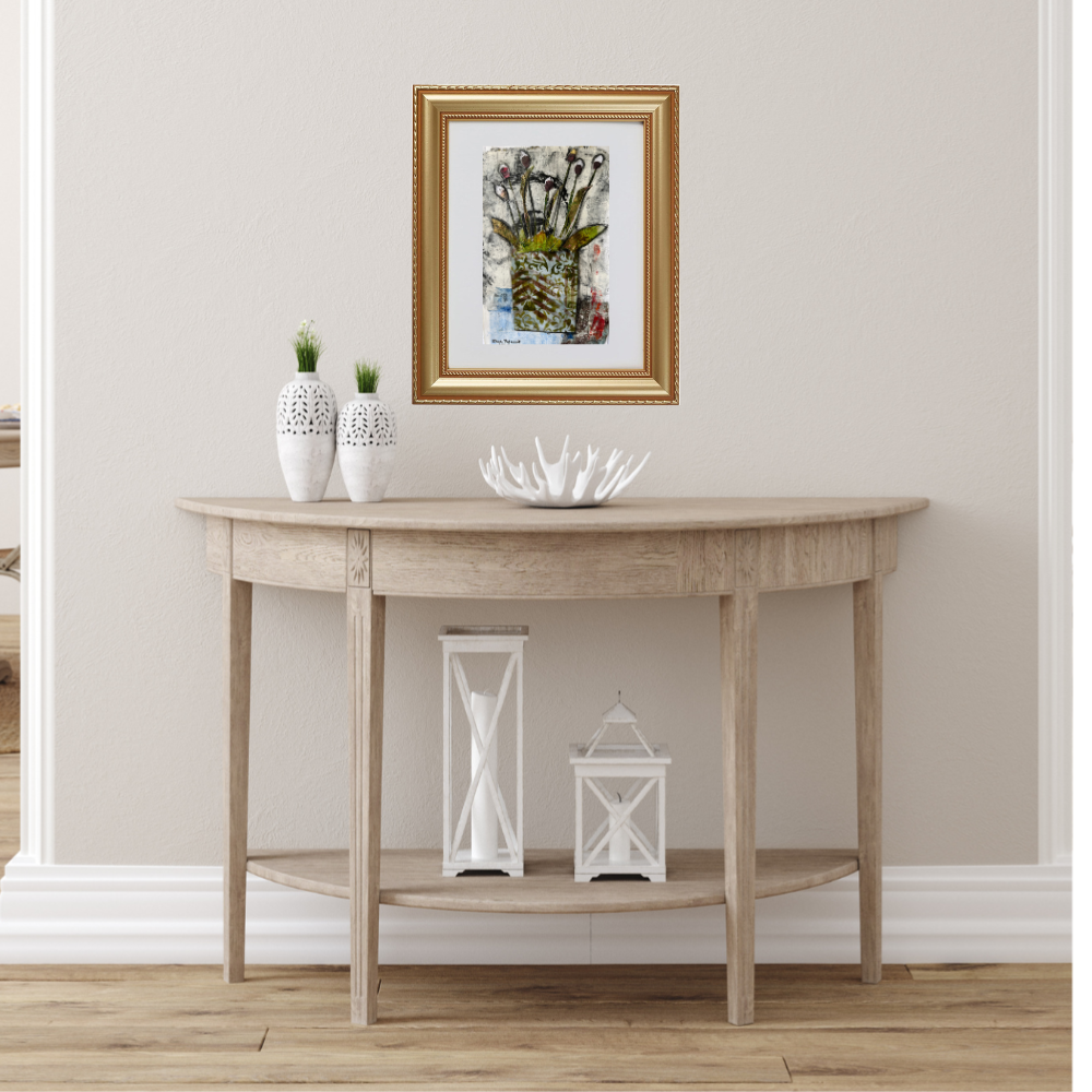 Floral Wall Fine Art Print.  A console table with decorative items against a beige wall.