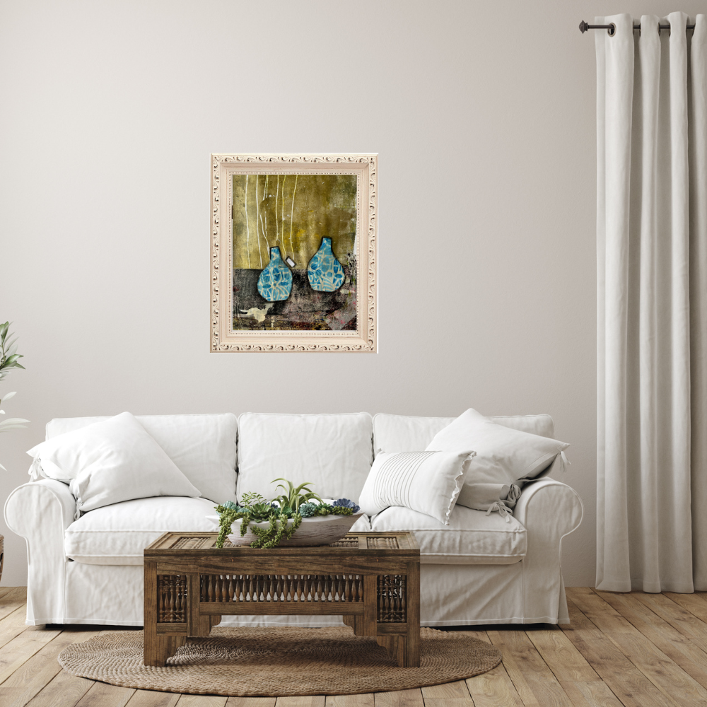 Floral Wall Fine Art Print. Living room with a white sofa, a wooden coffee table, and framed artwork on the wall.