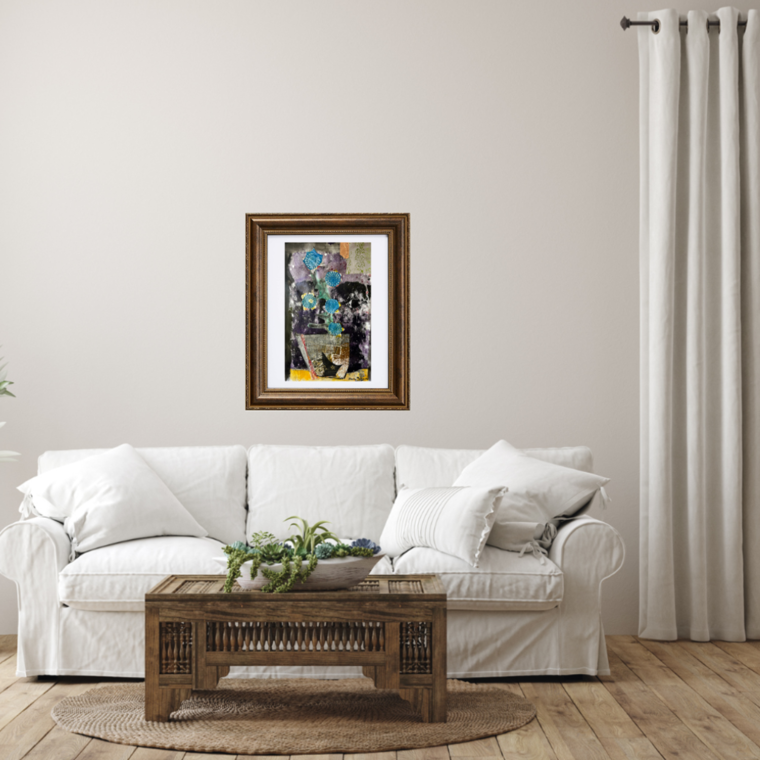 Framed Floral Wall Fine Art Print. White sofa with a wooden coffee table
