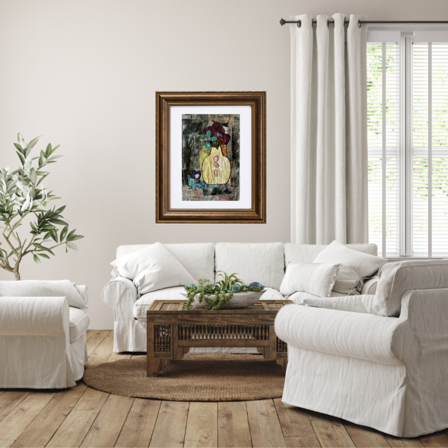 Floral Wall Fine Art Print. Living room with white sofa, wooden coffee table, and framed artwork on the wall.