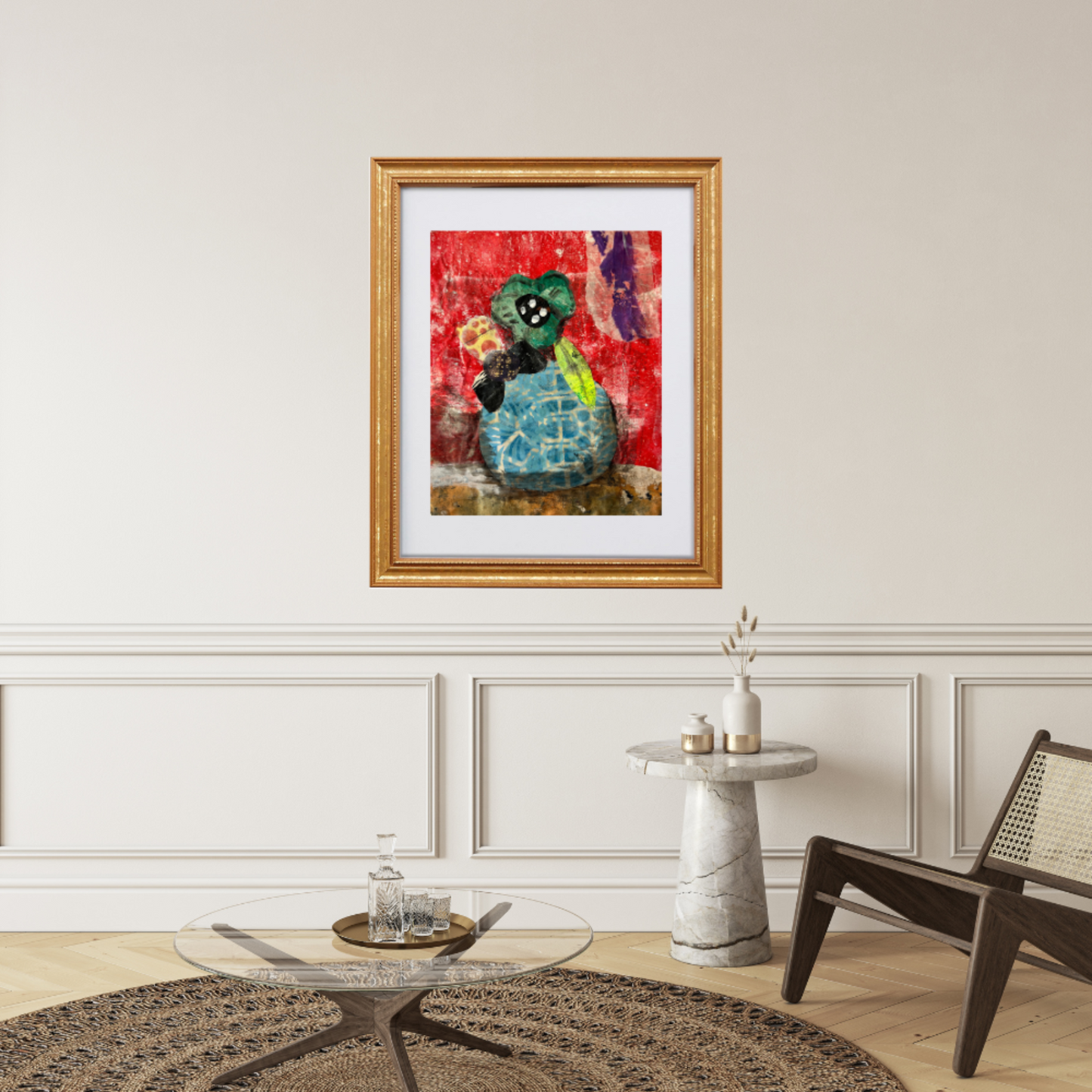 Floral Wall Fine Art Print. Framed abstract painting on a wall in a living room setting