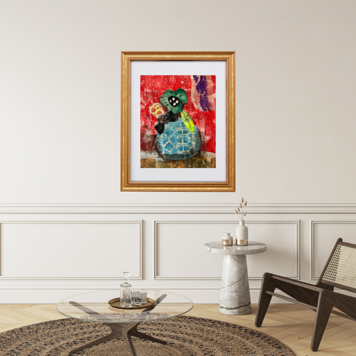 Floral Wall Fine Art Print. Framed abstract painting on a wall in a living room setting