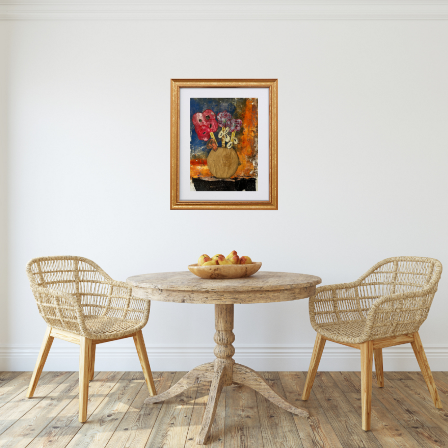 Floral Wall  Fine Art Print. Dining area with a wooden table and wicker chairs, framed artwork on the wall.
