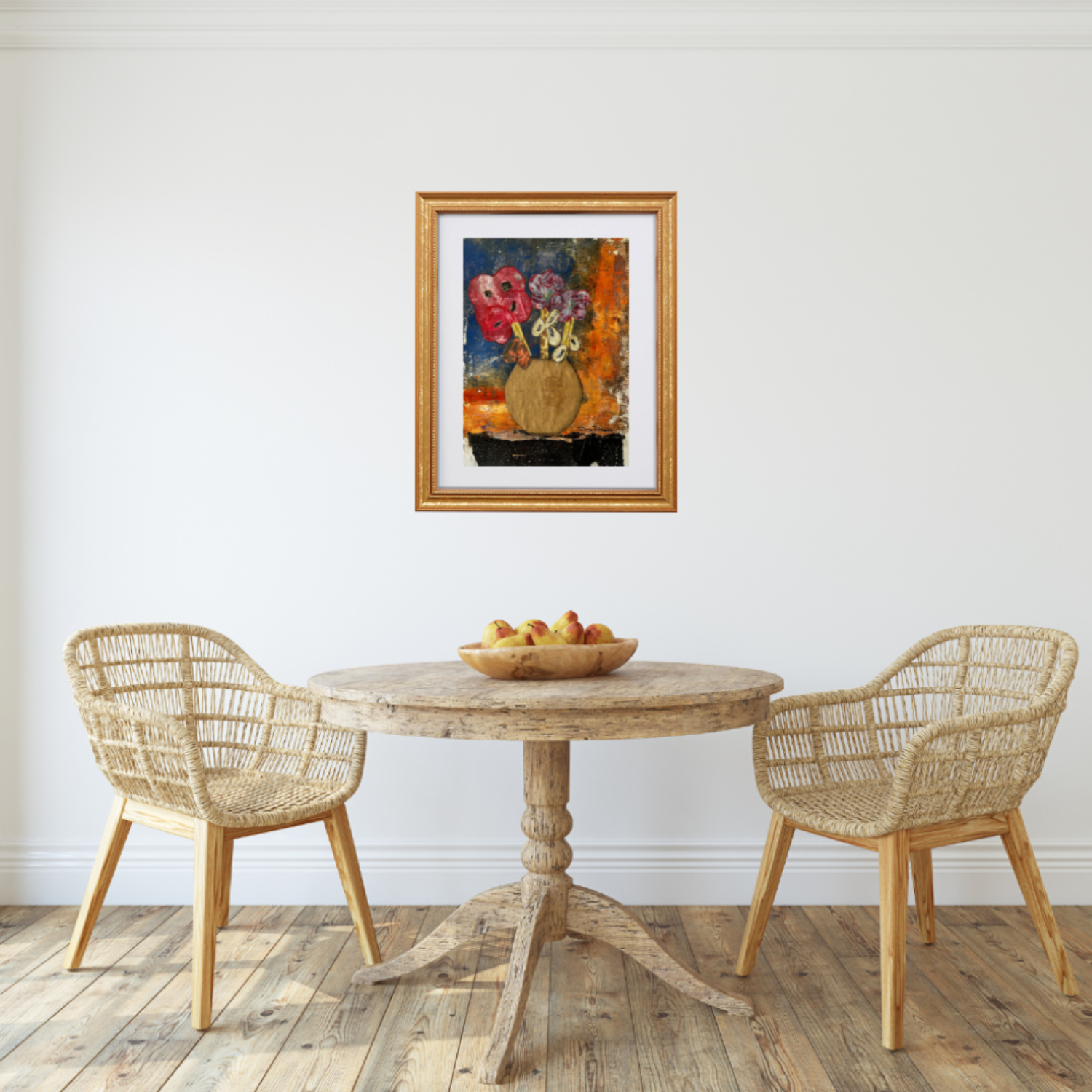 Floral Wall  Fine Art Print. Dining area with a wooden table and wicker chairs, framed artwork on the wall.