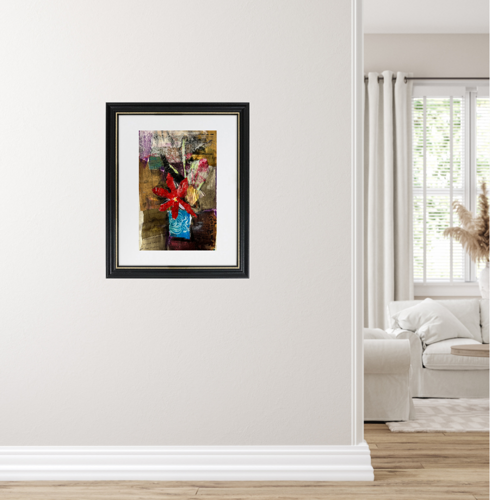 Floral Wall Fine Art Print. Framed abstract painting on a white wall in a living room.