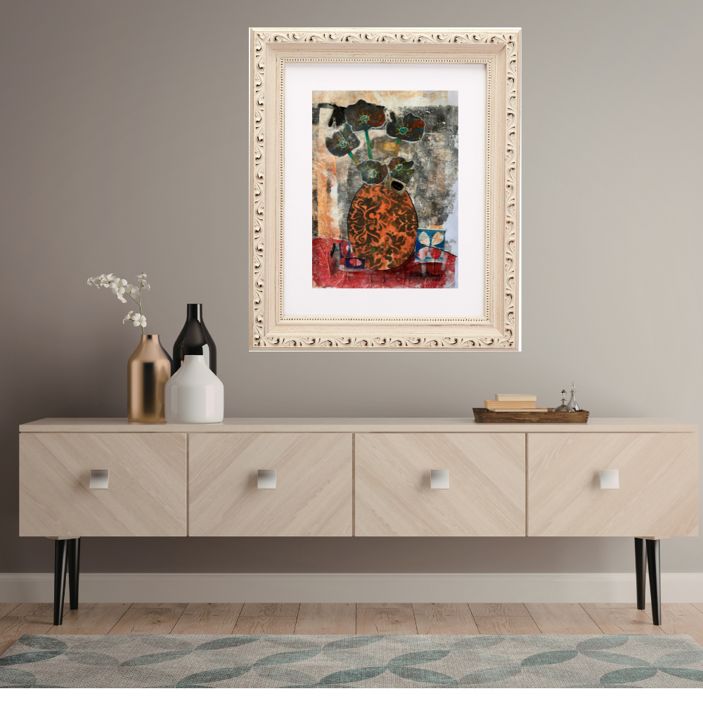 Floral Wall Fine Art Print. Framed abstract painting on a wall above a wooden console table.