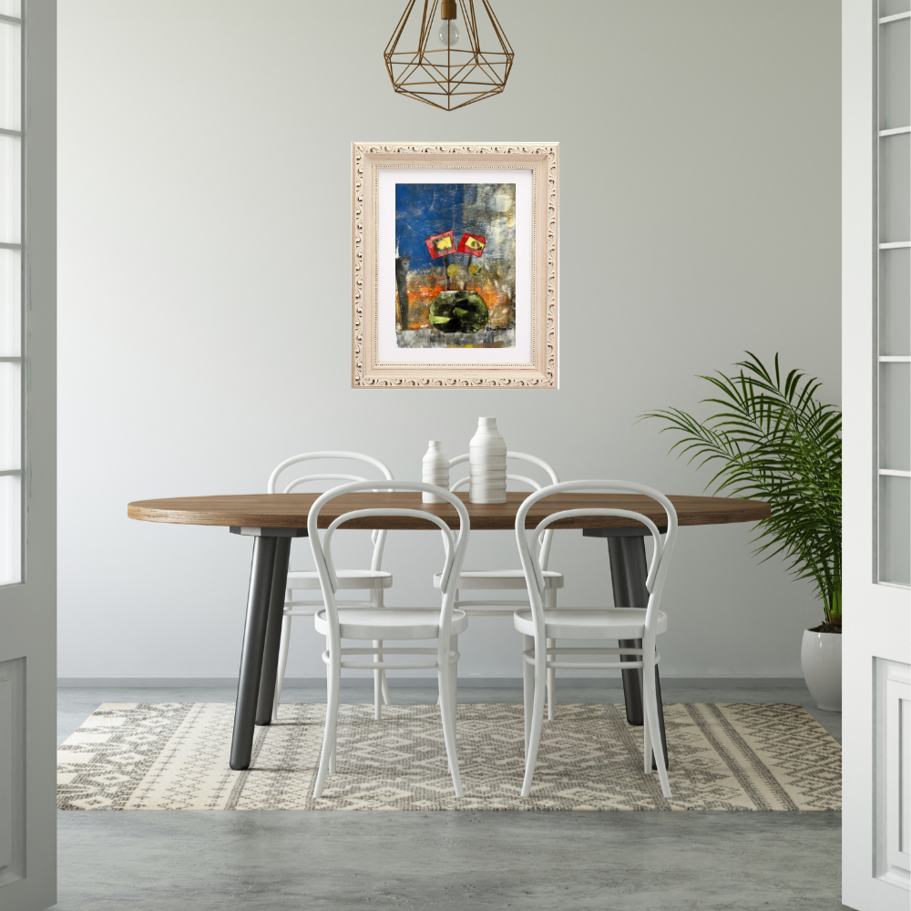 Floral Wall Fine Art Print. Dining room with a wooden table and chairs, framed artwork on the wall, and a plant.