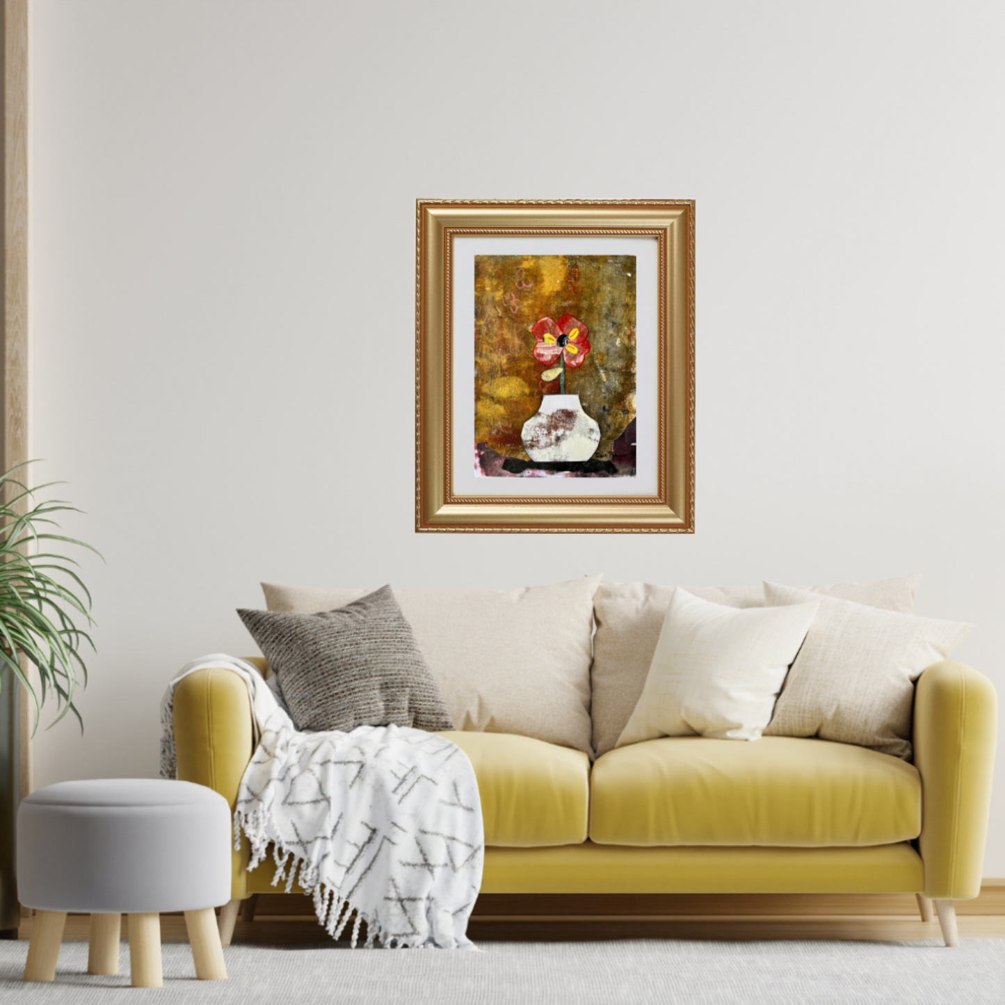 Floral Wall Fine Art Print. Framed painting above a yellow sofa in a living room