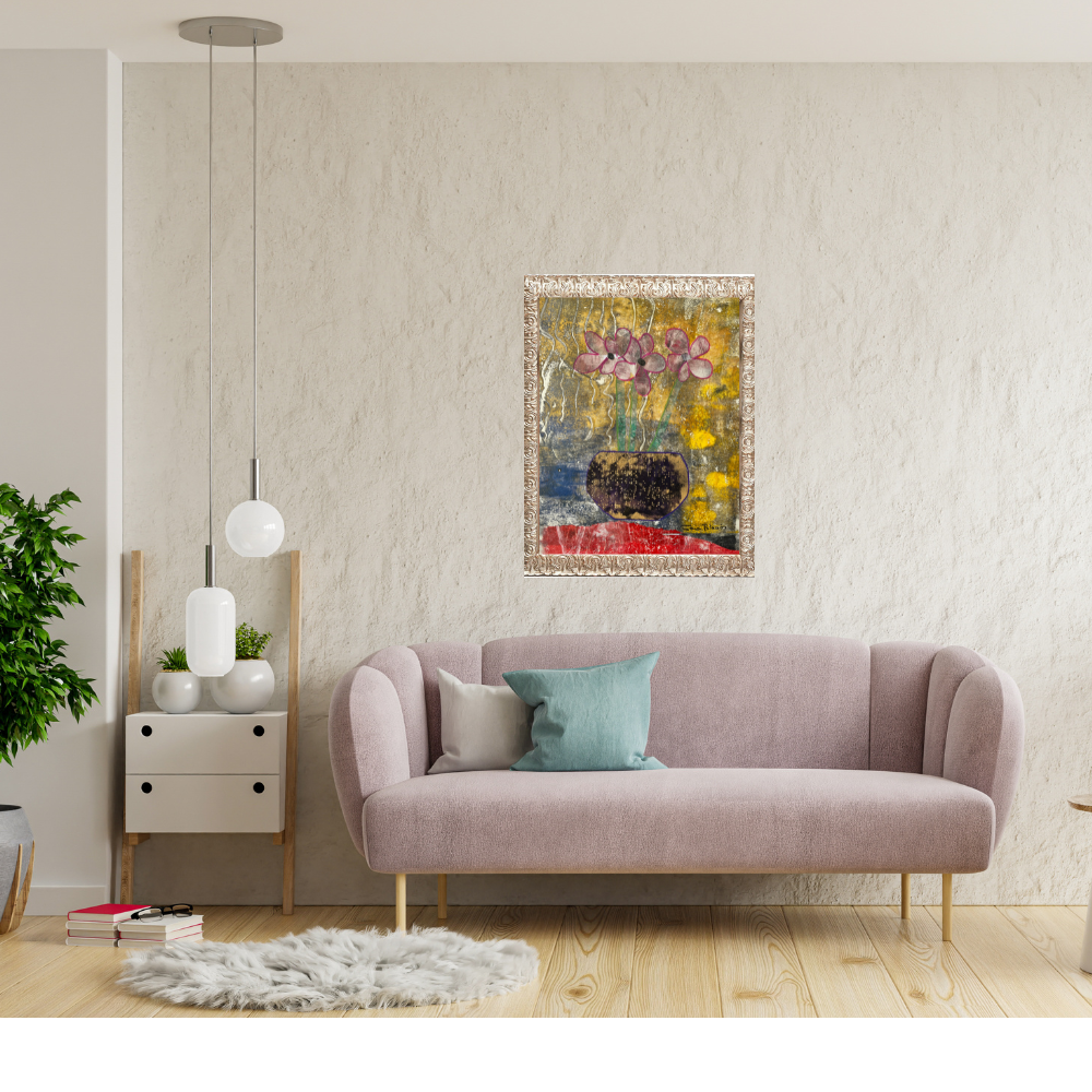  Floral Wall Fine Art Print. Modern living room with a pink sofa, colorful abstract painting, and decorative items.