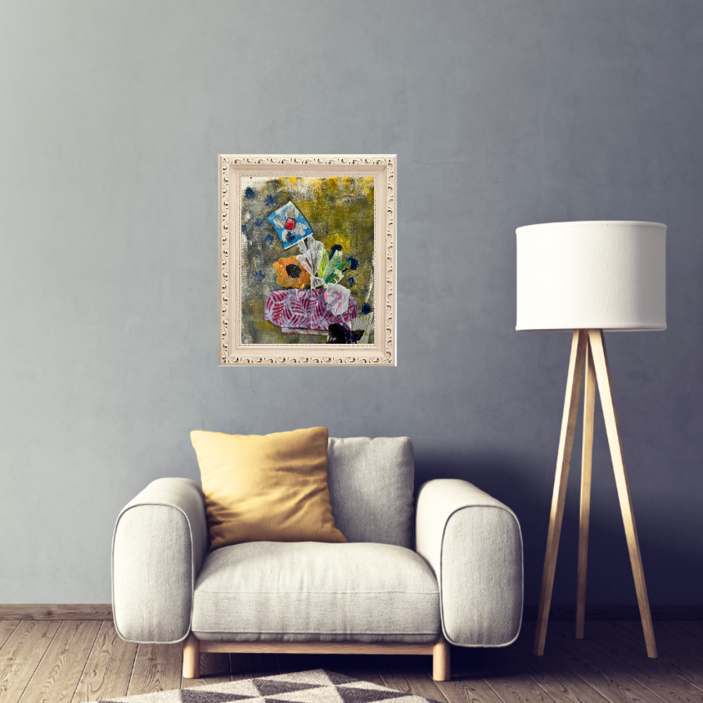 Floral Wall Fine Art Print. Gray armchair with a yellow pillow, framed abstract painting, and white floor lamp against a gray wall.
