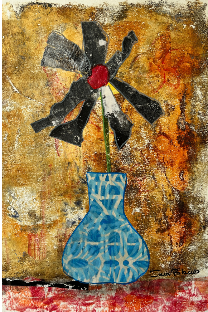 Abstract artwork with a blue vase and black flower against a textured background