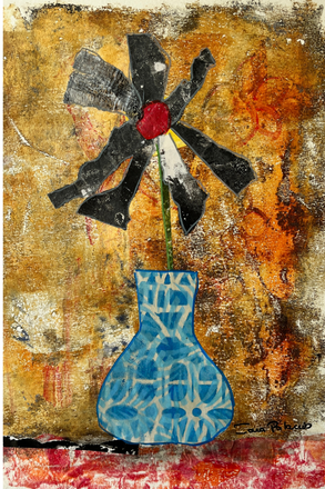 Abstract artwork with a blue vase and black flower against a textured background