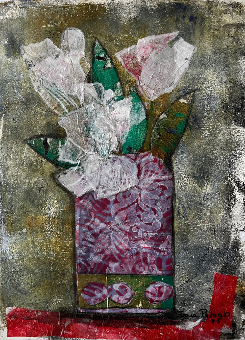 Abstract artwork of flowers in a vase with textured background